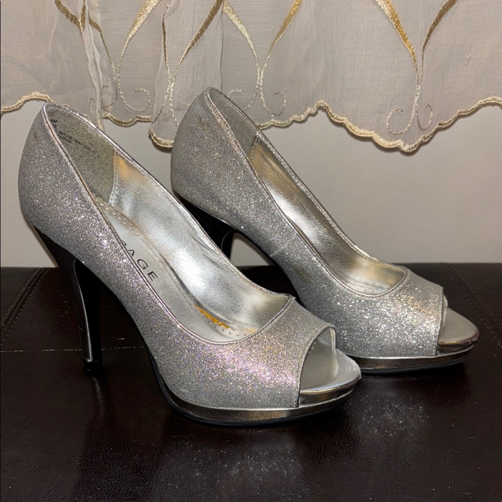 Rampage Glittering Silver Peep-Toe Heels